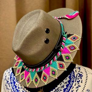 NWOT Grey hat with gorgeous hat topper